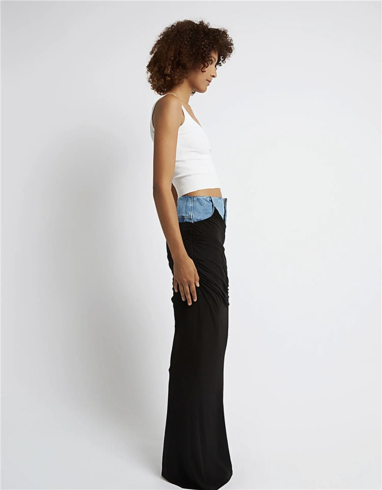 Modern Deconstructed High Waist Half Skirt Womens New Black Pleated Panel Design Long denim Half Skirt