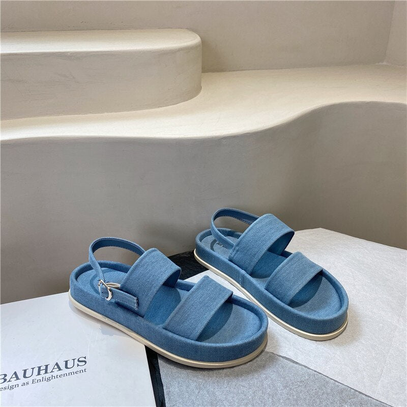 Womens Peep Toe Platform Denim Jeans Sandals Gladiator Summer Beach Shoes Girls Roman