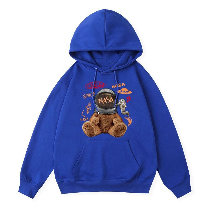 Nasa Trendy Astronaut Bears Hooded Black Sweater Womens Autumn Thin Fried Street Korean Loose Long Sleeve Top
