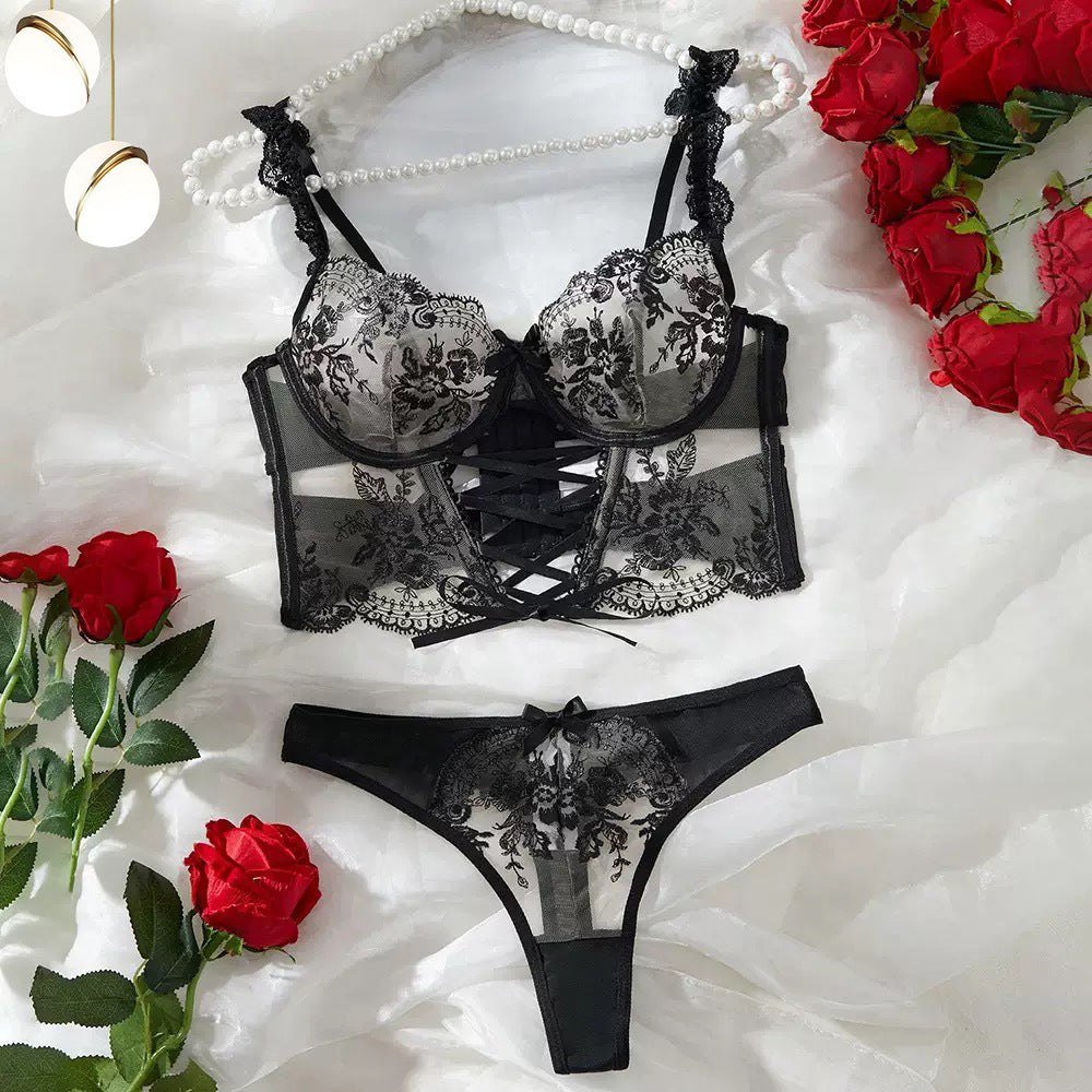 Sexy Mesh Embroidered Floral Cross-Tie Lingerie Set for Women