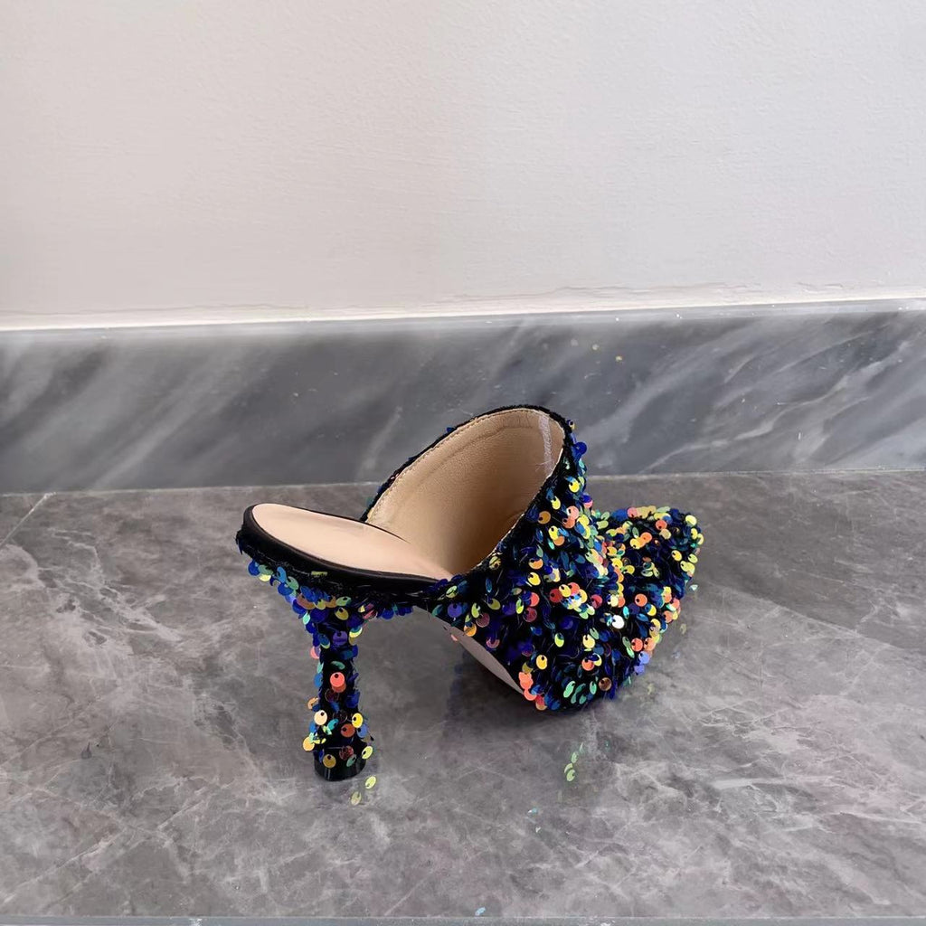 Womens Rainbow Colors Sequins Rhinestones Bling Mules Stilettos High Heel Denim Jeans Slippers