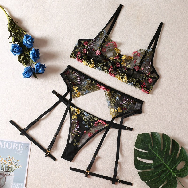 Sexy See-Through Yellow Garden Floral Bra Garter Belt Thong With Leg Ring Three Sets Of Erotic Underwear Set