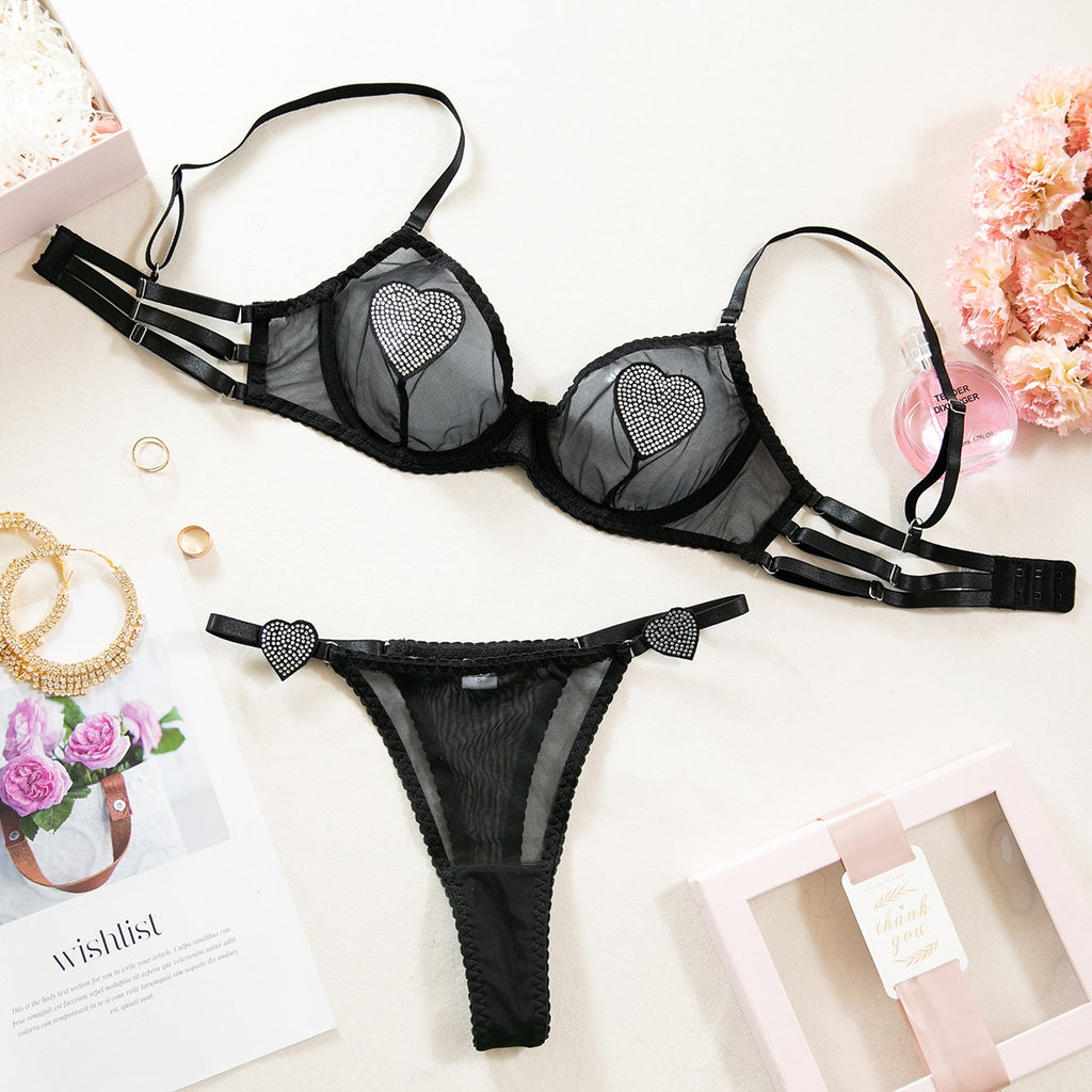 Sexy Sheer Mesh Heart Rhinestone Bra and Garter Belt Lingerie Set