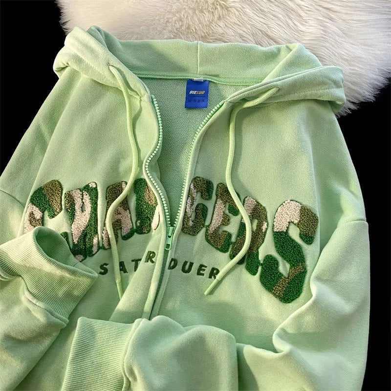 American Vintage Green Flock Embroidery Hoodie Sweater Womens Spring And Autumn New Small High Quality Coat Ins