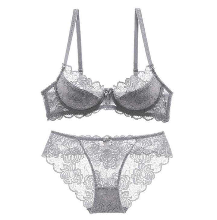 Sexy Bra Ultrathin Underwear Set Plus Size C D Cup Women Transparent Bra Sets Lace Embroidery Lingerie Gray Brassiere