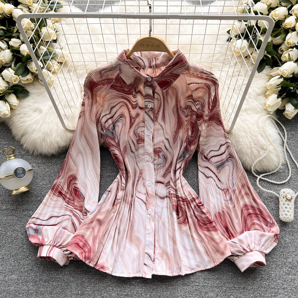 Spring Office Lady Chic Vintage Print Tie-Dye Shirts Womens Single-Breasted Pleated Chiffon Blouses Tops 10 Colors Clothing