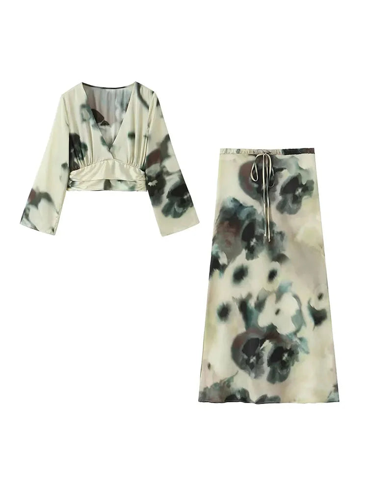 womens two peice sets  Fashion Tie Dyed Print Satin Short Blouse Tops + Midi Long Skirts summer sets womens outfits