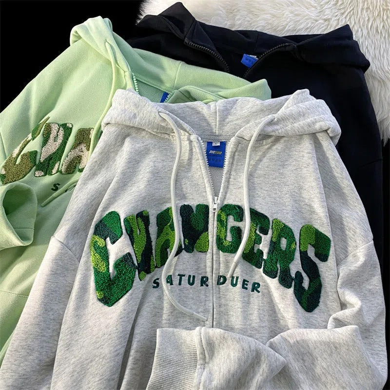 American Vintage Green Flock Embroidery Hoodie Sweater Womens Spring And Autumn New Small High Quality Coat Ins