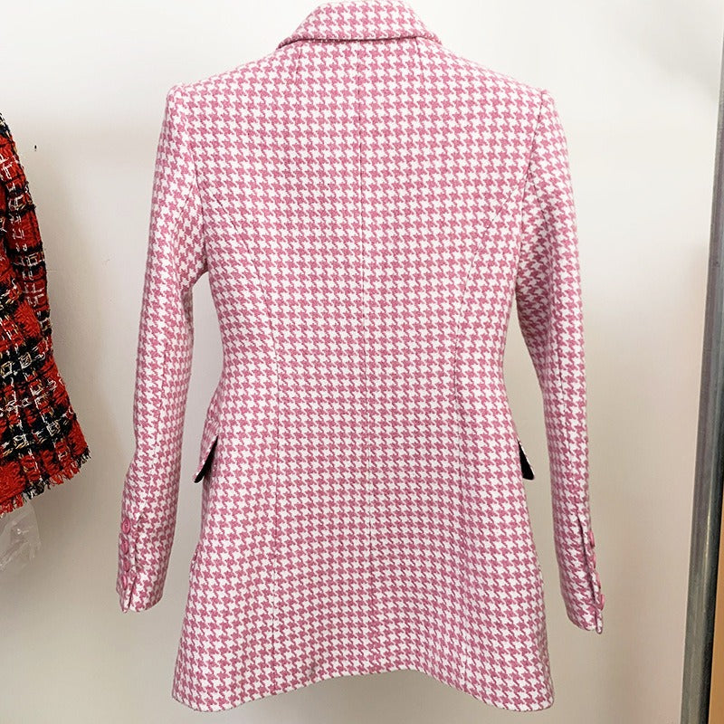 Plaid Spliced Pockets Cotton Turn-Down Collar Slim Double Breasted Fashion Womens Tweed Outerwear