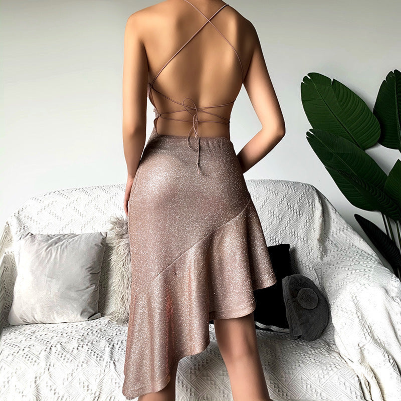 European Style New Summer Women's Halter Neckline Neck Sexy Halter Strap Womens Bright Dress
