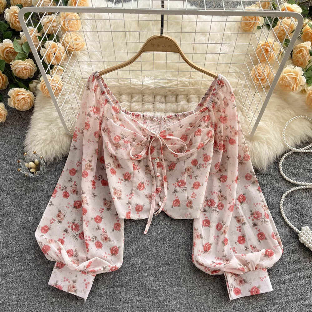Vintage Fragmented Flowers Small Fresh Short Open Navel Shirt Womens Lace up Bow Tie Super Immortal Style Bubble Sleeve Top