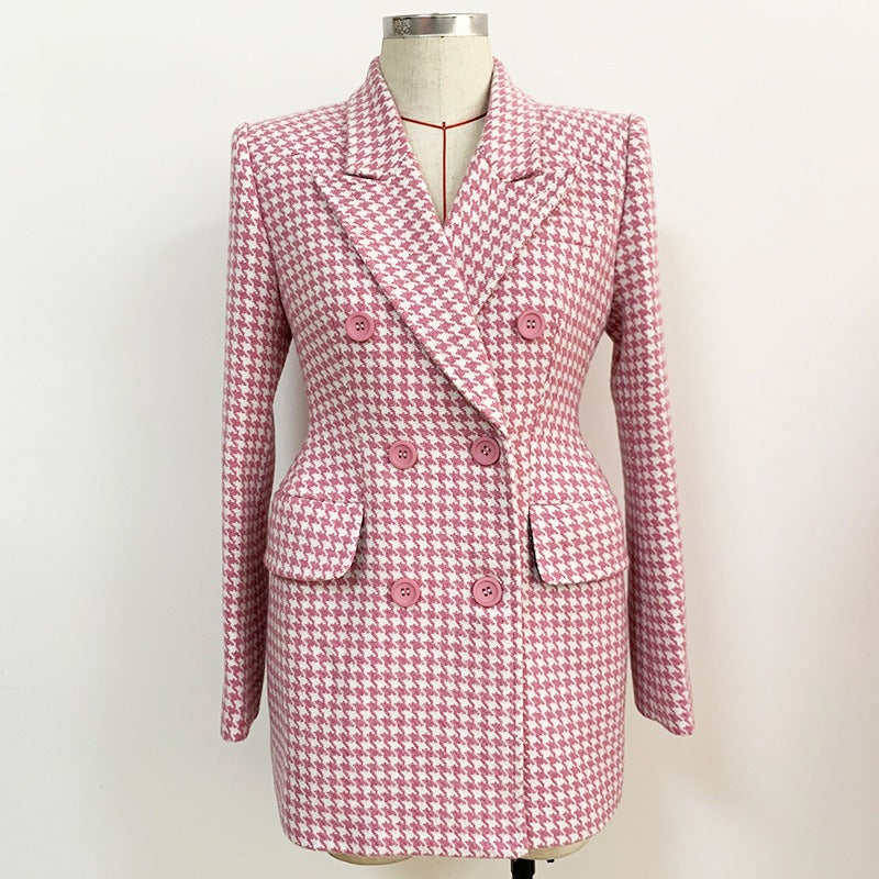 Plaid Spliced Pockets Cotton Turn-Down Collar Slim Double Breasted Fashion Womens Tweed Outerwear