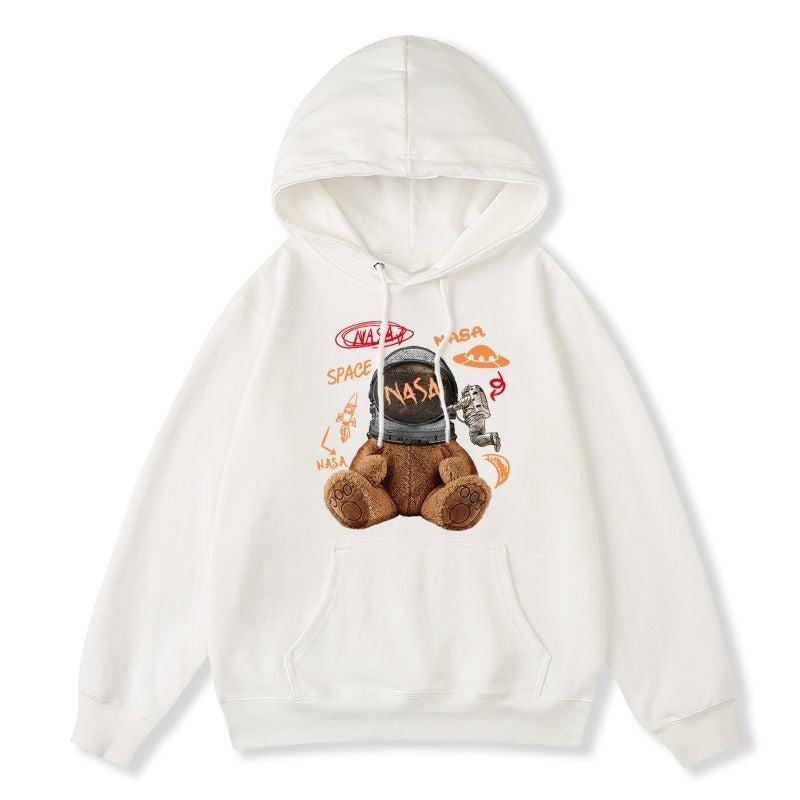 Nasa Trendy Astronaut Bears Hooded Black Sweater Womens Autumn Thin Fried Street Korean Loose Long Sleeve Top