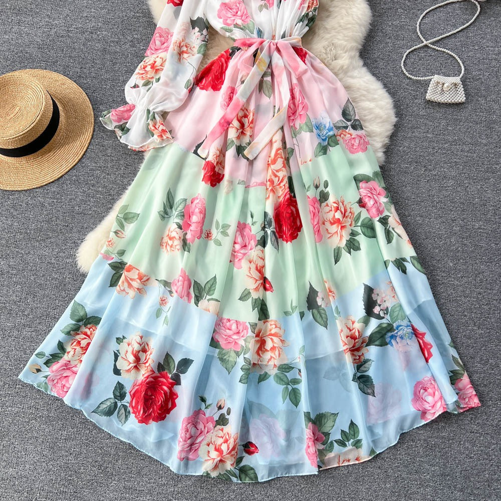 Oblique Shoulder Bubble Sleeves Chiffon Dress Womens Bubble Sleeves Wrapped Waist Large Swing Flower Fairy Long Dress