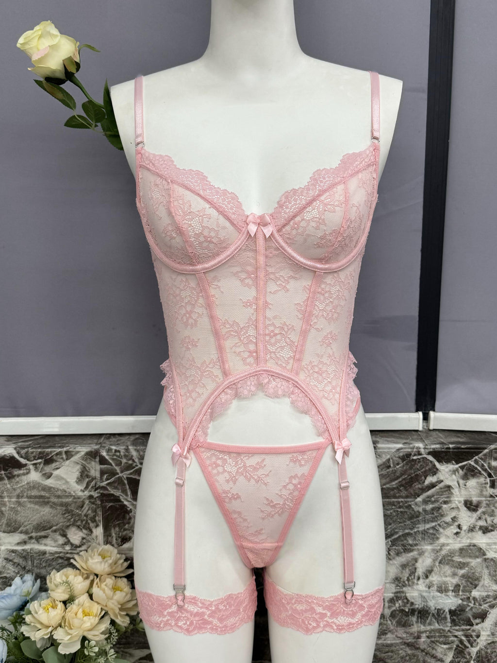 Lace Trimmed Cute and Sexy Spliced Sheer Fitted Bra and Lingerie Set