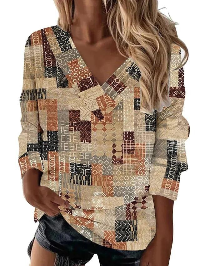 European and American Womens Retro Geometric Printing Ethnic Style V Neck Long Sleeved Loose T Shirt Top For Women