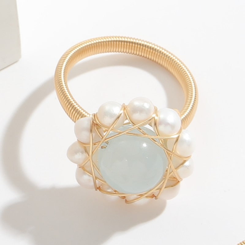 Natural Stone Freshwater Pearl Ring 14K Gold Wrapped Ins Style Simple Womens Red Marble Agate Ring Handpiece