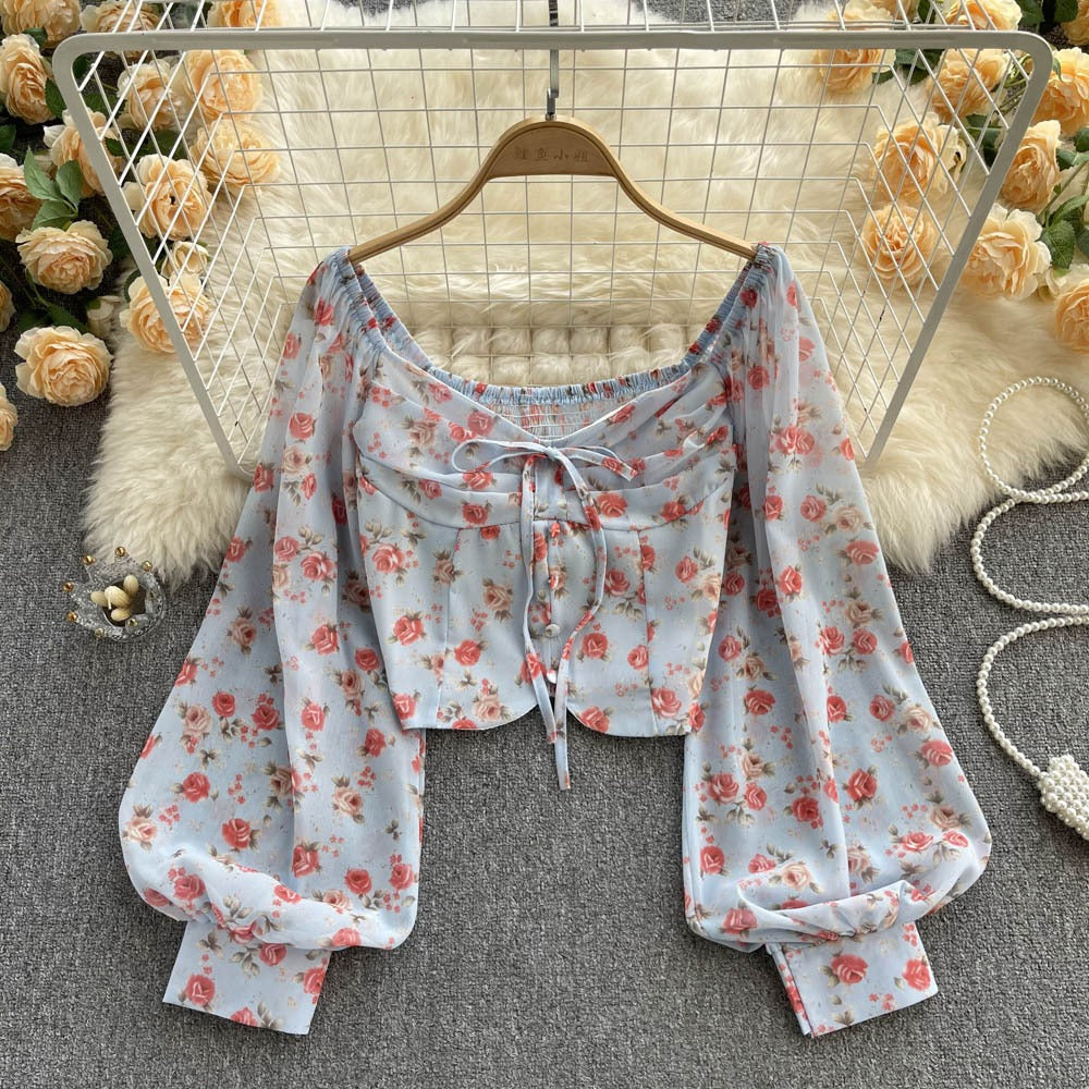 Vintage Fragmented Flowers Small Fresh Short Open Navel Shirt Womens Lace up Bow Tie Super Immortal Style Bubble Sleeve Top