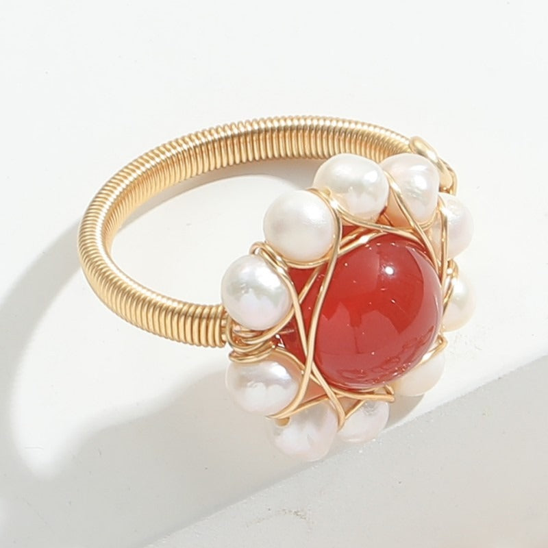 Natural Stone Freshwater Pearl Ring 14K Gold Wrapped Ins Style Simple Womens Red Marble Agate Ring Handpiece