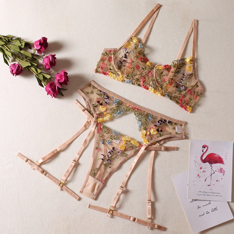 Sexy See-Through Yellow Garden Floral Bra Garter Belt Thong With Leg Ring Three Sets Of Erotic Underwear Set