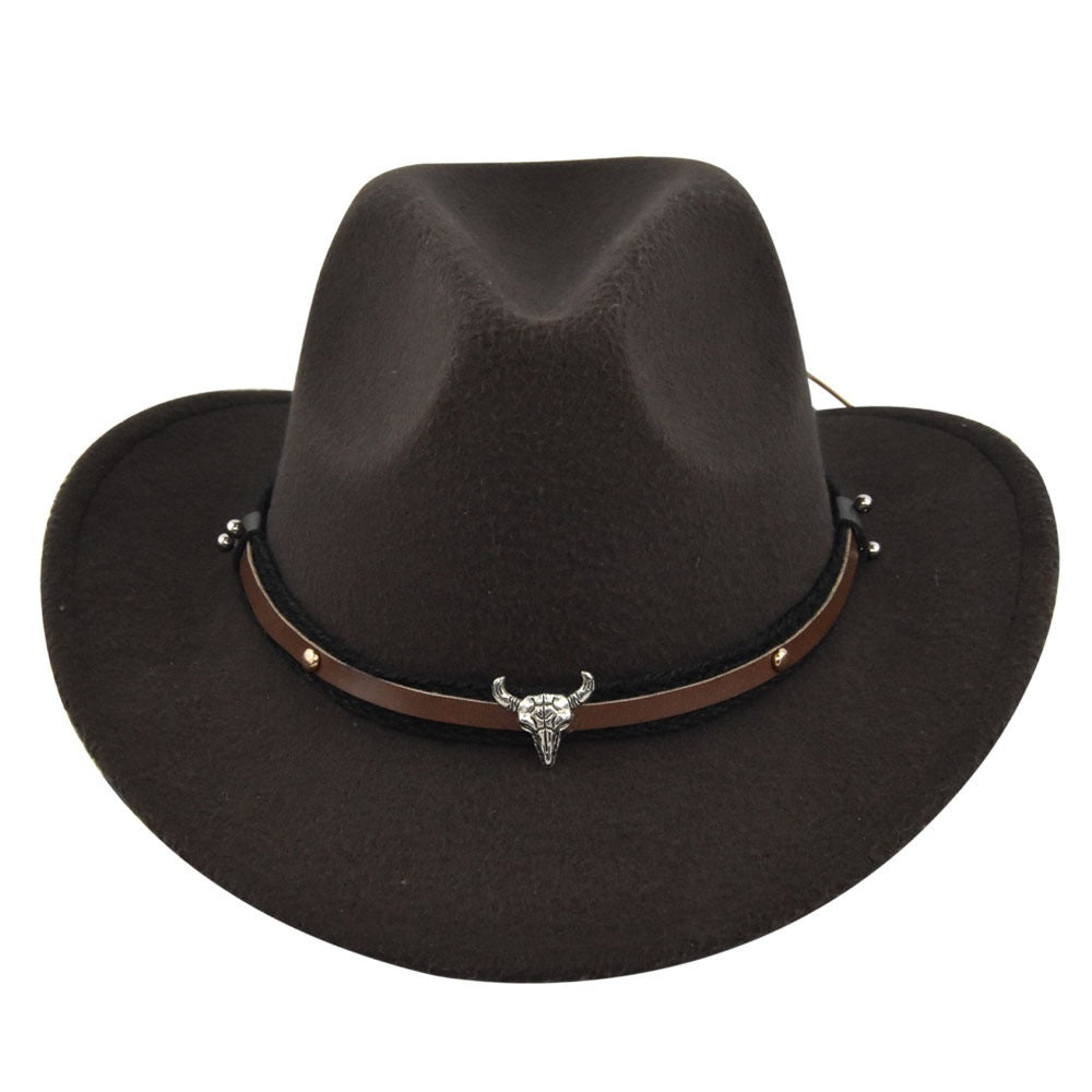 New European and American Cowhead Western Denim Hat Woolen British Jazz Hat Mens and Womens Famous Ethnic Style Big Eaves Hat