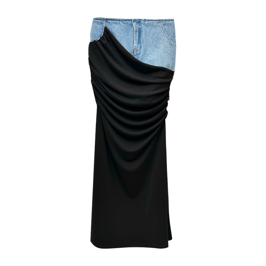 Modern Deconstructed High Waist Half Skirt Womens New Black Pleated Panel Design Long denim Half Skirt