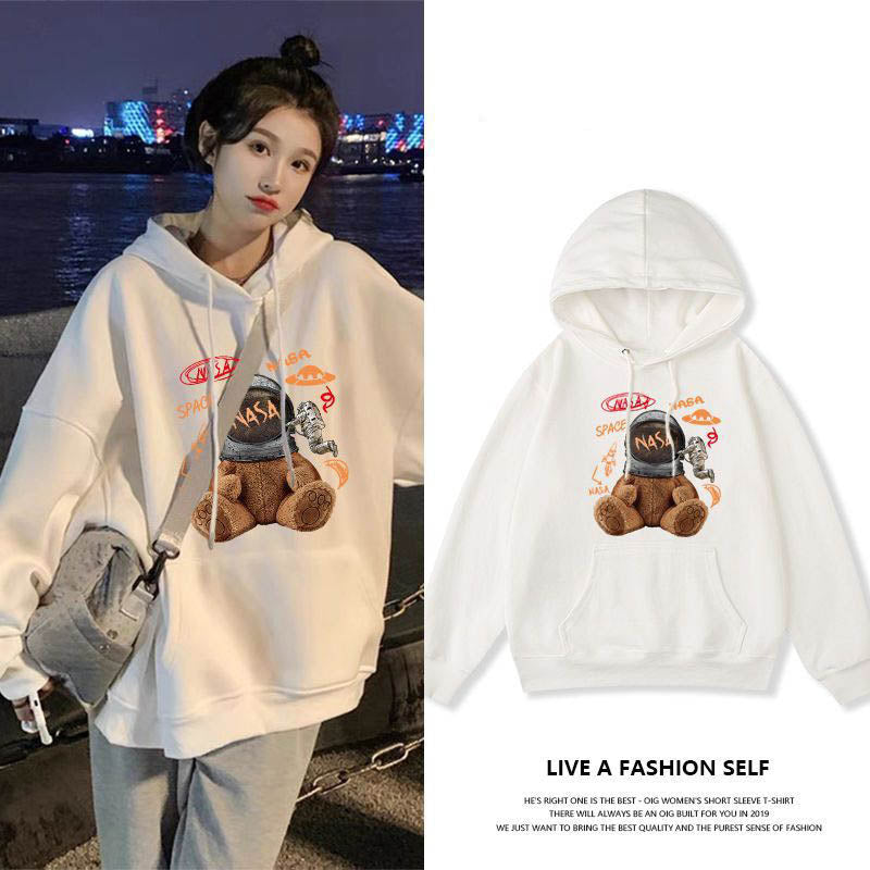Nasa Trendy Astronaut Bears Hooded Black Sweater Womens Autumn Thin Fried Street Korean Loose Long Sleeve Top