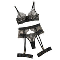 Women's four-piece shapewear set with sheer embroidered lace lingerie