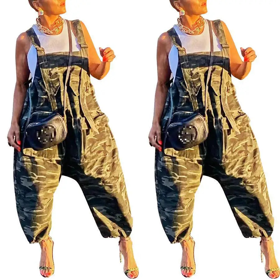 Women Loose Long Rompers Womens Jumpsuit Spring Summer New Sleeveless Backless Camouflage Printed