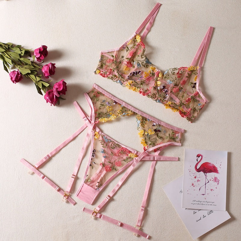 Sexy See-Through Yellow Garden Floral Bra Garter Belt Thong With Leg Ring Three Sets Of Erotic Underwear Set