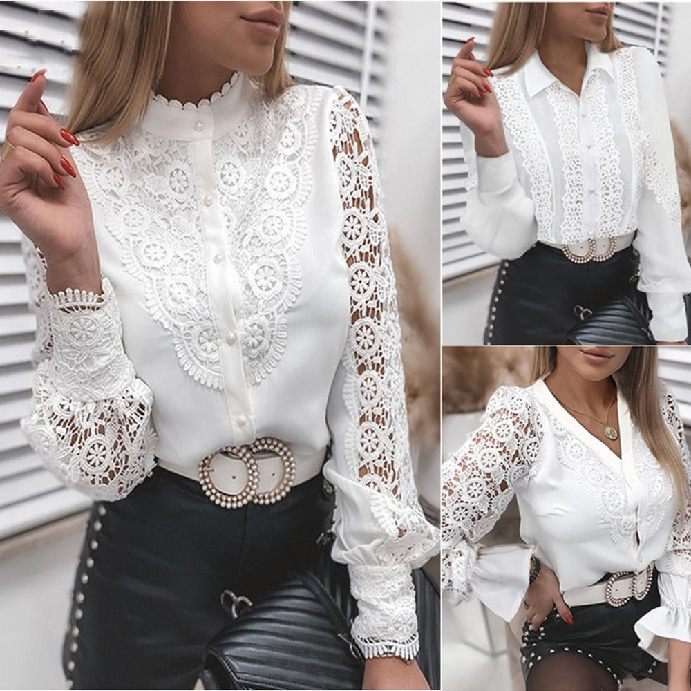 Fashionable White Lace Long Sleeved V Neck Lace Cut Out Shirt Shirt New Solid Lace V Neck Cardigan Womens Shirt