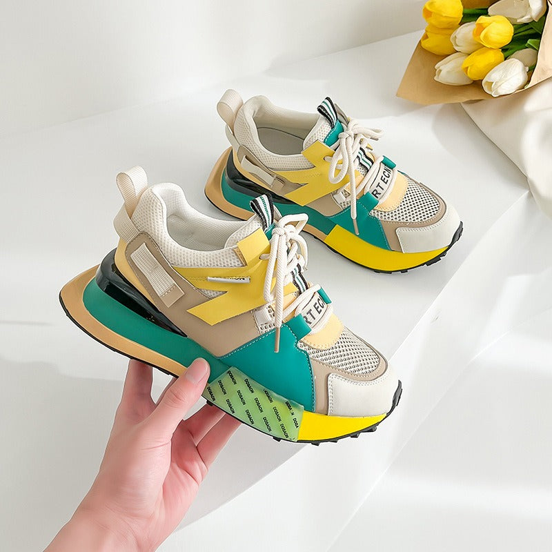 Womens Genuine Leather Sneakers Lace Up Rainbow Colors Platform Pearls Chain Decor Girls Shoes