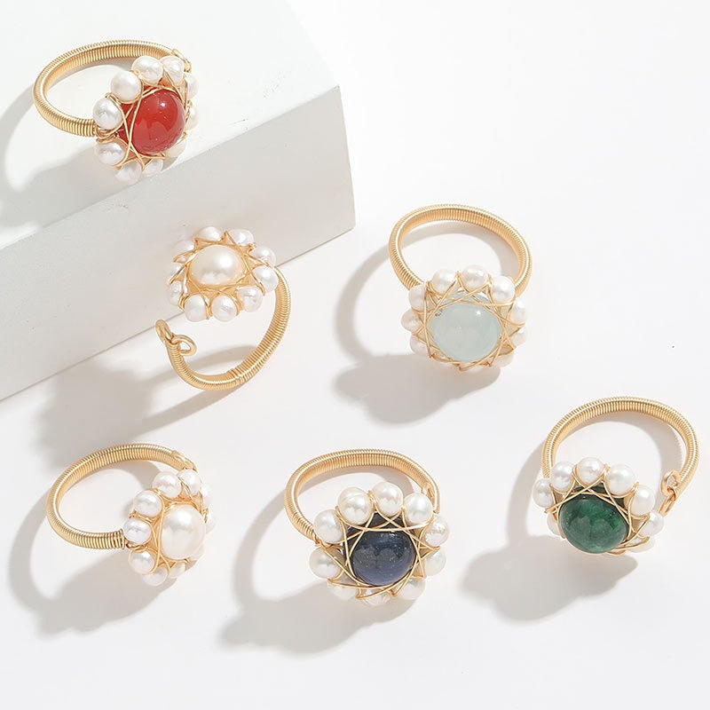 Natural Stone Freshwater Pearl Ring 14K Gold Wrapped Ins Style Simple Womens Red Marble Agate Ring Handpiece