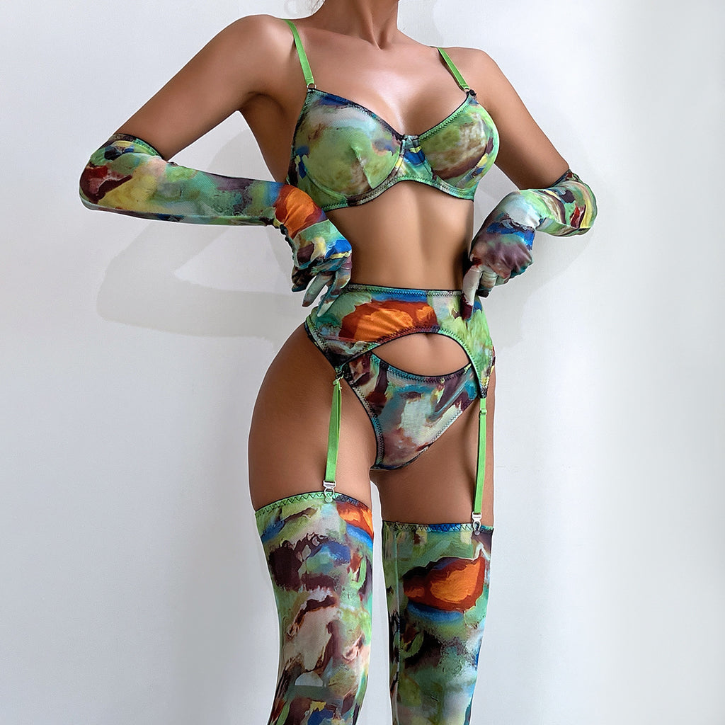 Lingerie Set with Gloves and Stockings - Mesh Printed Design