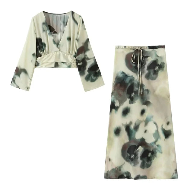 womens two peice sets  Fashion Tie Dyed Print Satin Short Blouse Tops + Midi Long Skirts summer sets womens outfits