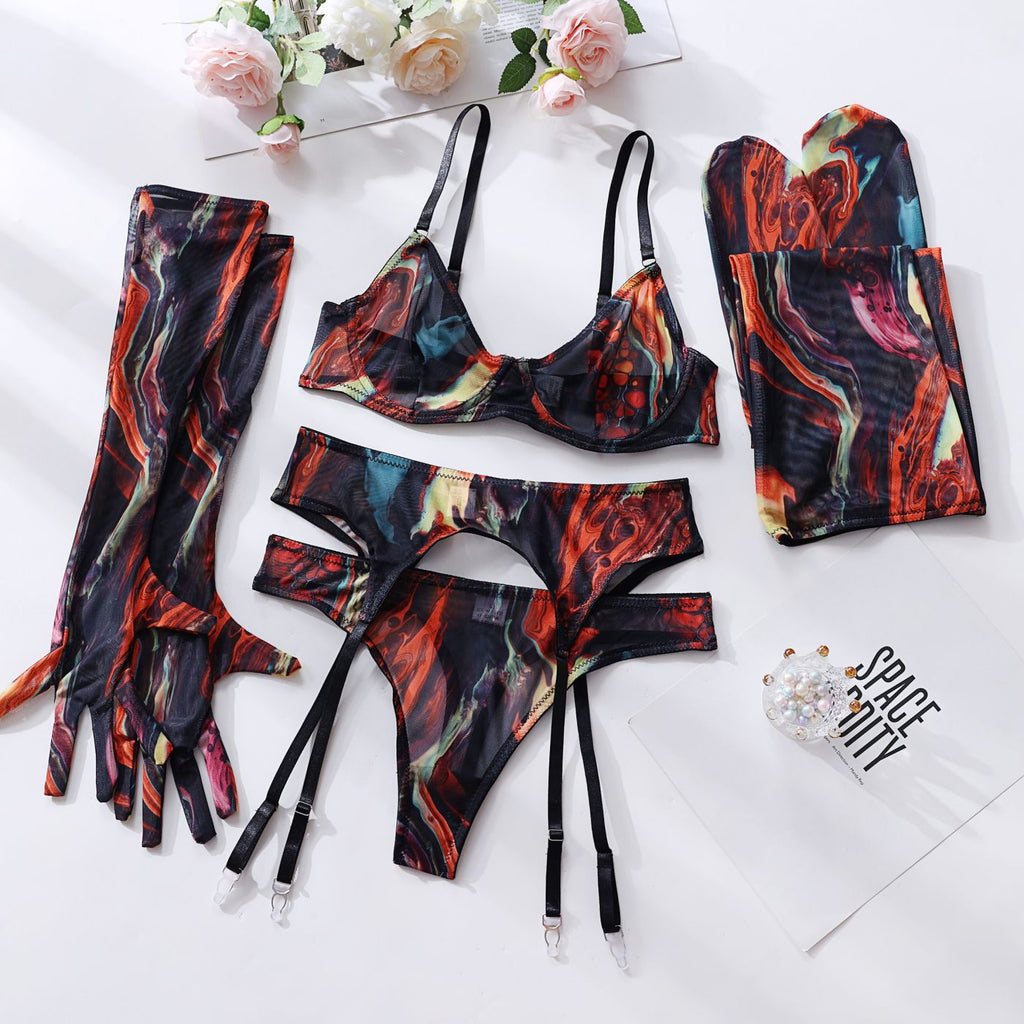 Lingerie Set with Gloves and Stockings - Mesh Printed Design