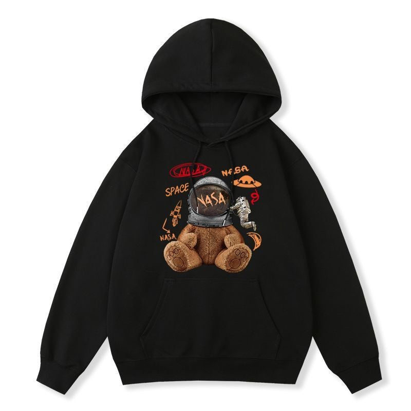 Nasa Trendy Astronaut Bears Hooded Black Sweater Womens Autumn Thin Fried Street Korean Loose Long Sleeve Top