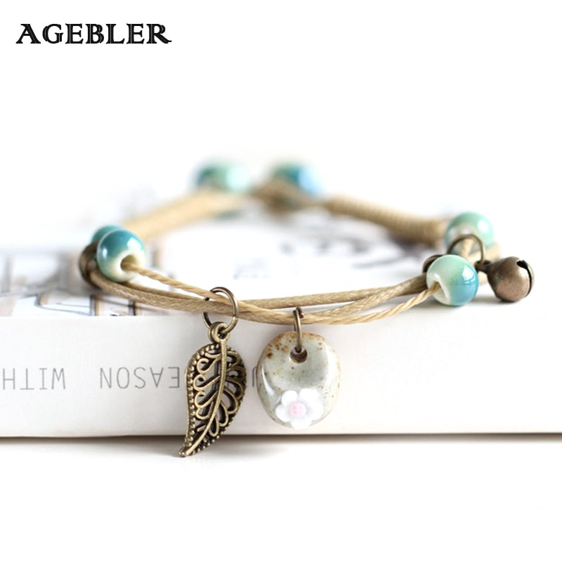 Ceramic Cute Flower Leaf Pattern Bracelets Handmade Vintage Boho Style Trendy jewellery