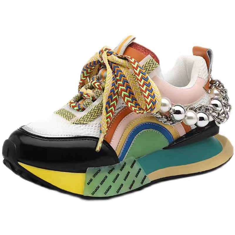 Womens Genuine Leather Sneakers Lace Up Rainbow Colors Platform Pearls Chain Decor Girls Shoes