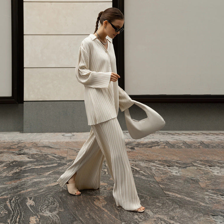 Clacive Fashion Long Sleeve Blouses Womens Two Peice Sets Casual Loose Slit Wide Trouser Suits Elegant White Pleated Female Set