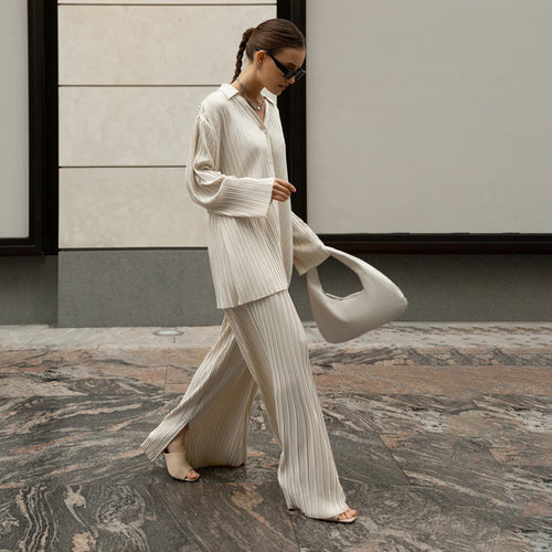 Clacive Fashion Long Sleeve Blouses Womens Two Peice Sets Casual Loose Slit Wide Trouser Suits Elegant White Pleated Female Set