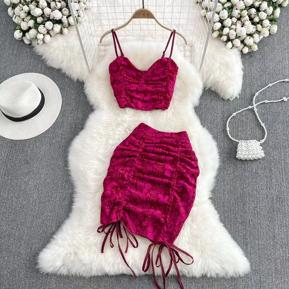 European and American Style Sexy Womens Lace Two Piece Hooked Flower Strap Top High Waist Drawstring Wrapped Hip Half Skirt Set