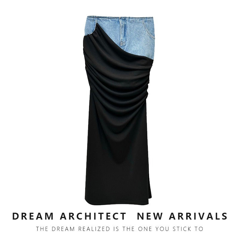Modern Deconstructed High Waist Half Skirt Womens New Black Pleated Panel Design Long denim Half Skirt