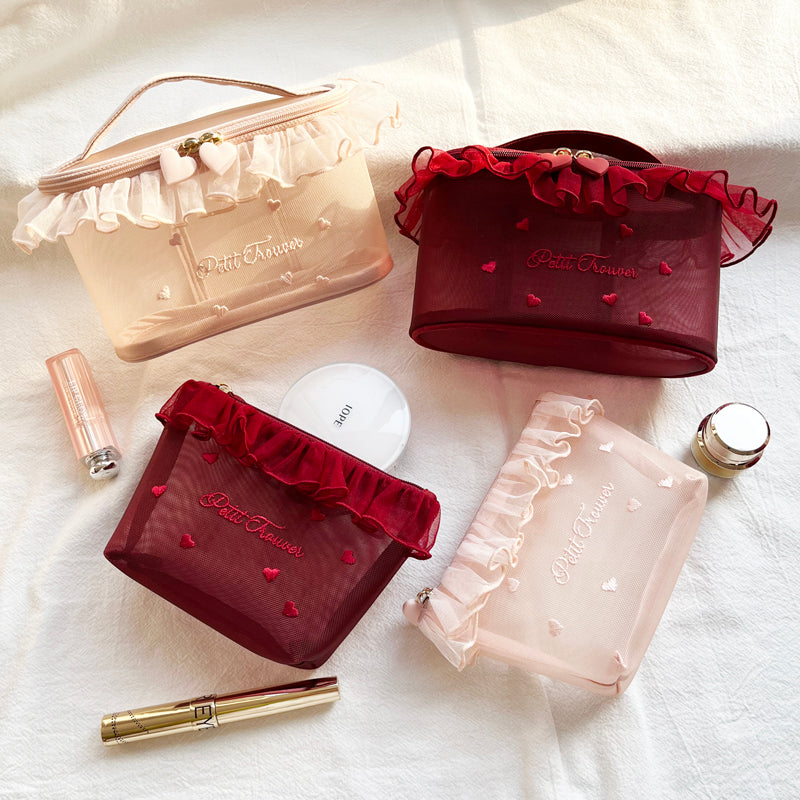 petit trouver mesh heart embroidery lace hand-held cosmetic bag cute tissue bag makeup storage SR