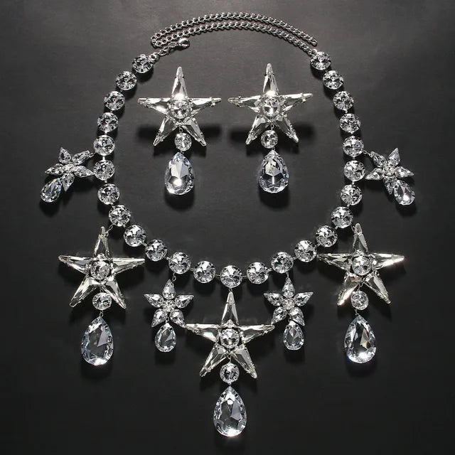 Rhinestone Star Water Drop Dangle Necklace Sets for Women Designer Irregular Necklace Earrings Sets Wedding Jewelry Sets Gift