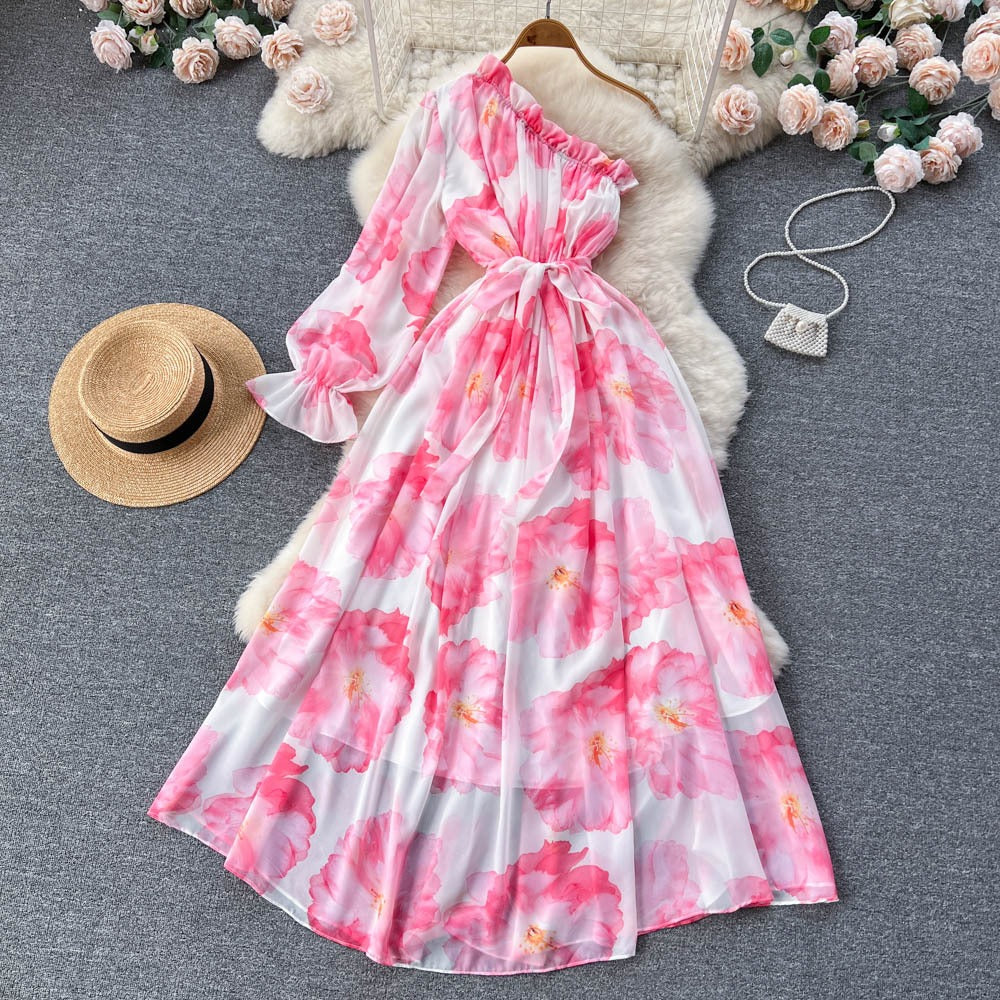 Oblique Shoulder Bubble Sleeves Chiffon Dress Womens Bubble Sleeves Wrapped Waist Large Swing Flower Fairy Long Dress