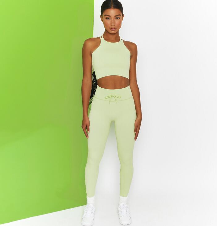 Knitting Fitness Sets Casual Workout Clothes for Women Seamless Double Shoulder Straps Bra Drawstring Push Up Leggings Yoga Suit