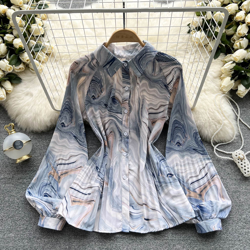 Spring Office Lady Chic Vintage Print Tie-Dye Shirts Womens Single-Breasted Pleated Chiffon Blouses Tops 10 Colors Clothing