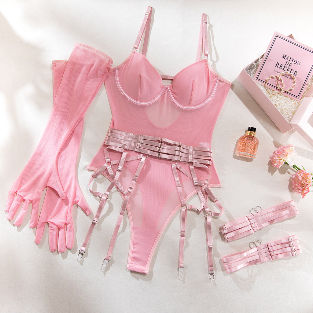Sexy Sheer Mesh Bodysuit with Gloves and Bandage - Transparent Lingerie Set