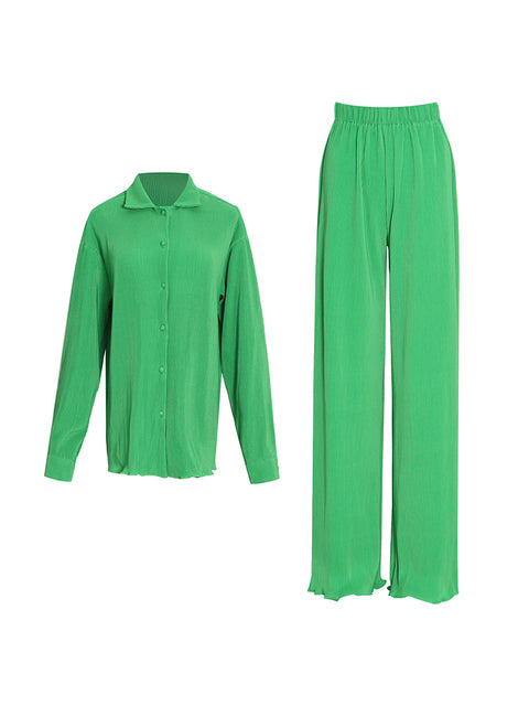 Two Piece Set Womens Lapel Long Sleeve Tops High Waist Loose Wide Leg Pant Solid Sets Female Spring